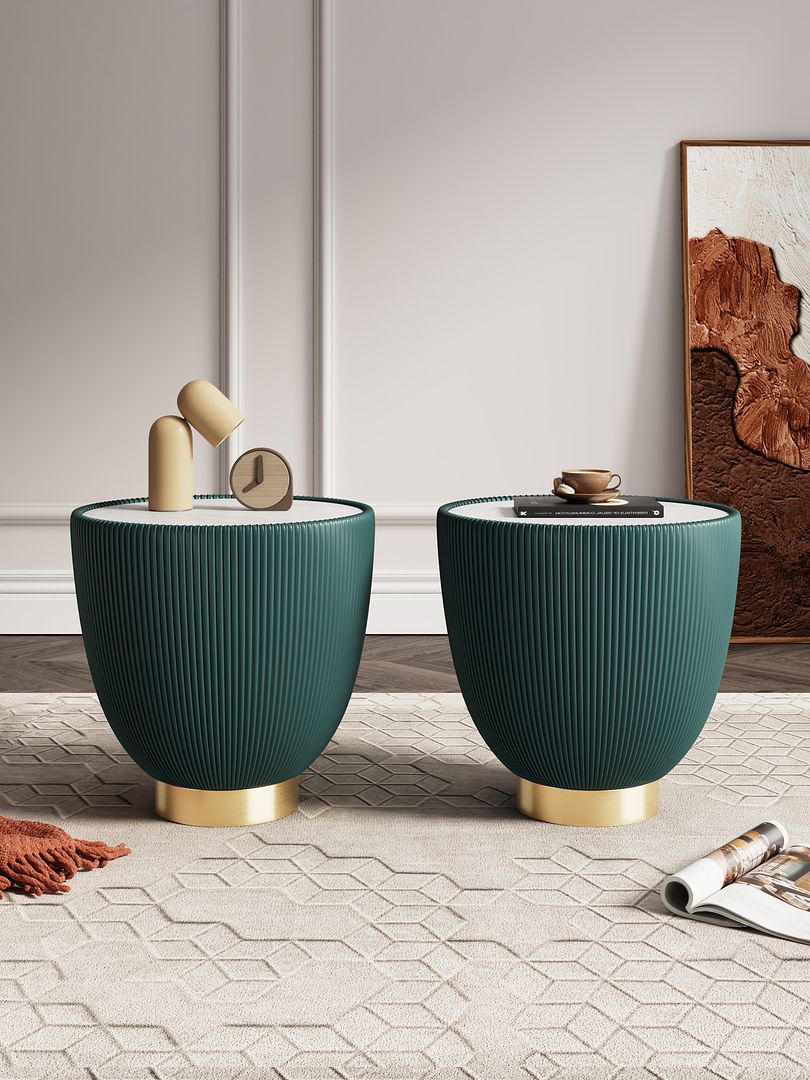 Manhattan Comfort Anderson Green 2-Piece Upholstered 2.0 End Table With Ceramic Faux Marble Tabletop