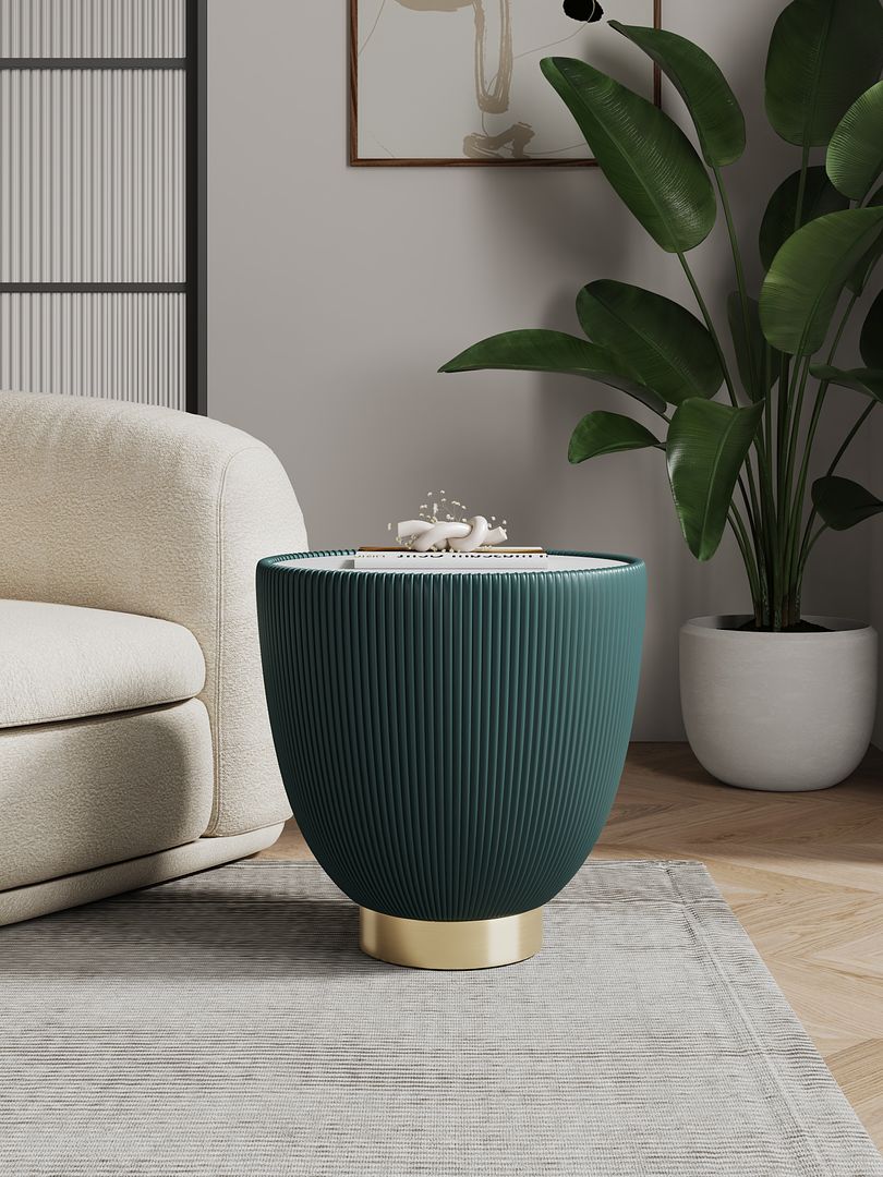 Manhattan Comfort Anderson Green Upholstered 2.0 End Table With Ceramic Faux Marble Tabletop
