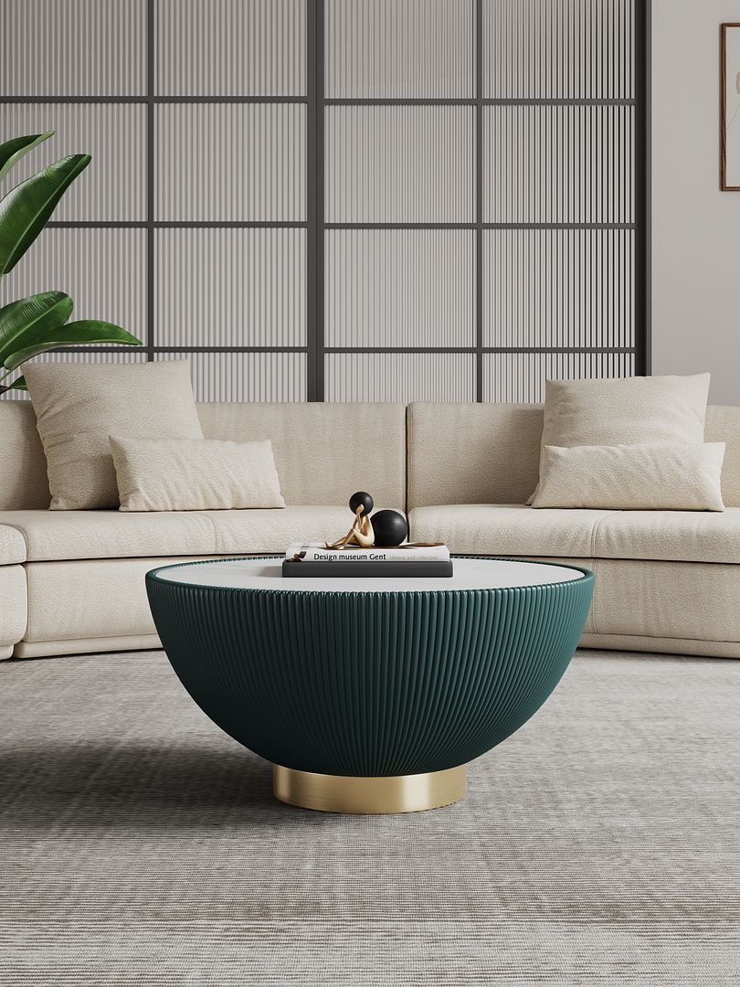 Manhattan Comfort Anderson Green Upholstered Coffee Table With Ceramic Faux Marble Tabletop
