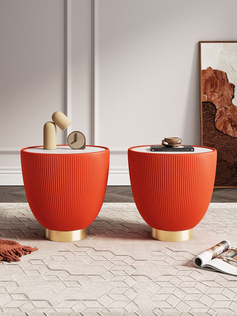 Manhattan Comfort Anderson Orange 2-Piece Upholstered 2.0 End Table With Ceramic Faux Marble Tabletop