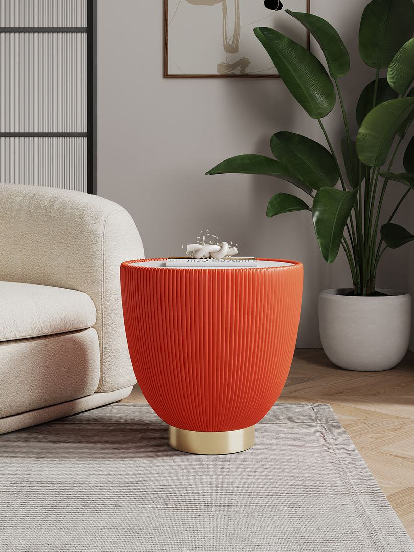Manhattan Comfort Anderson Orange 2-Piece Upholstered 2.0 End Table With Ceramic Faux Marble Tabletop