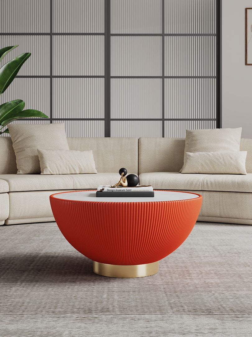 Manhattan Comfort Anderson Orange Upholstered Coffee Table With Ceramic Faux Marble Tabletop