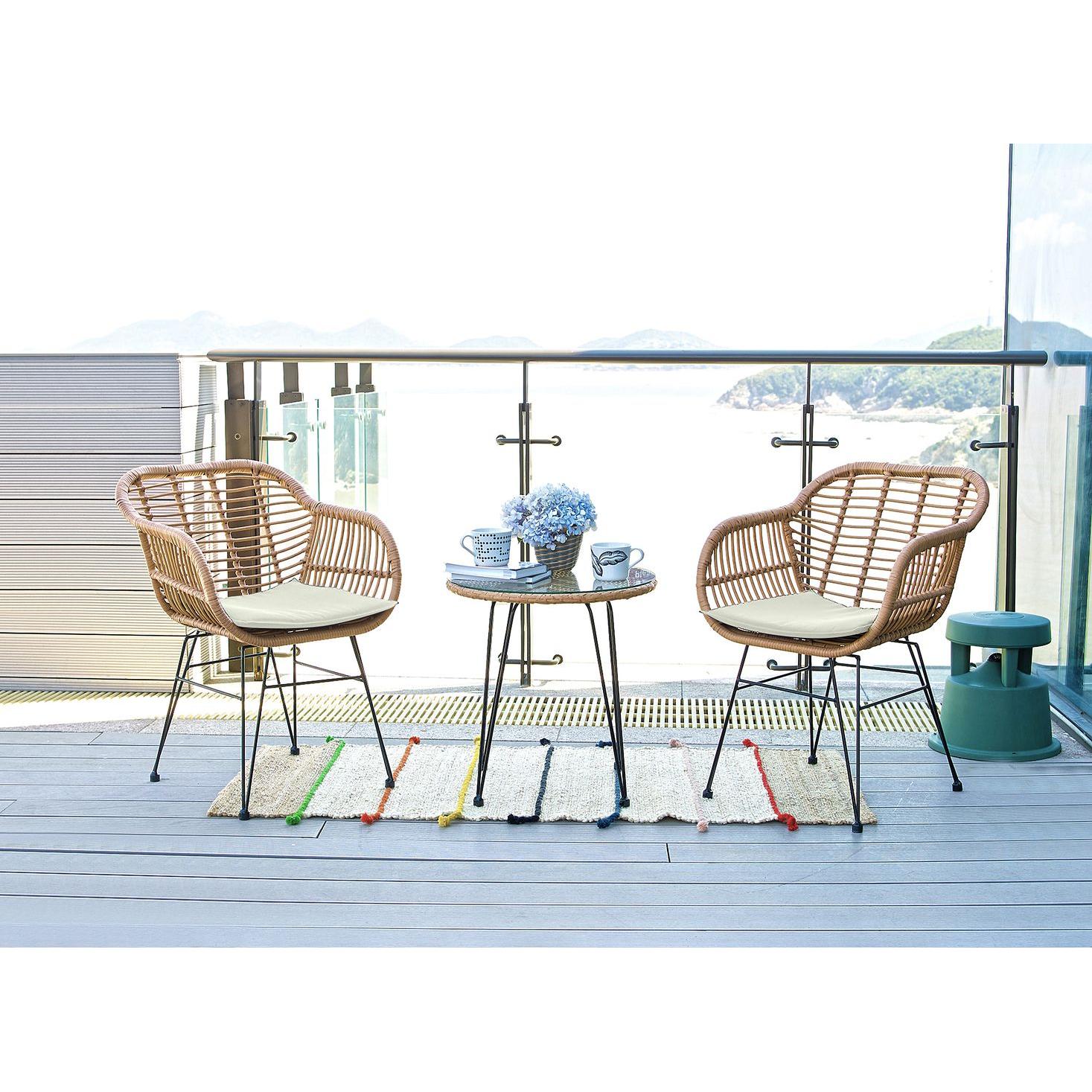 Manhattan Comfort Antibes 1.0 Steel Rattan 3-Piece Patio Conversation Set With Cushions In Cream