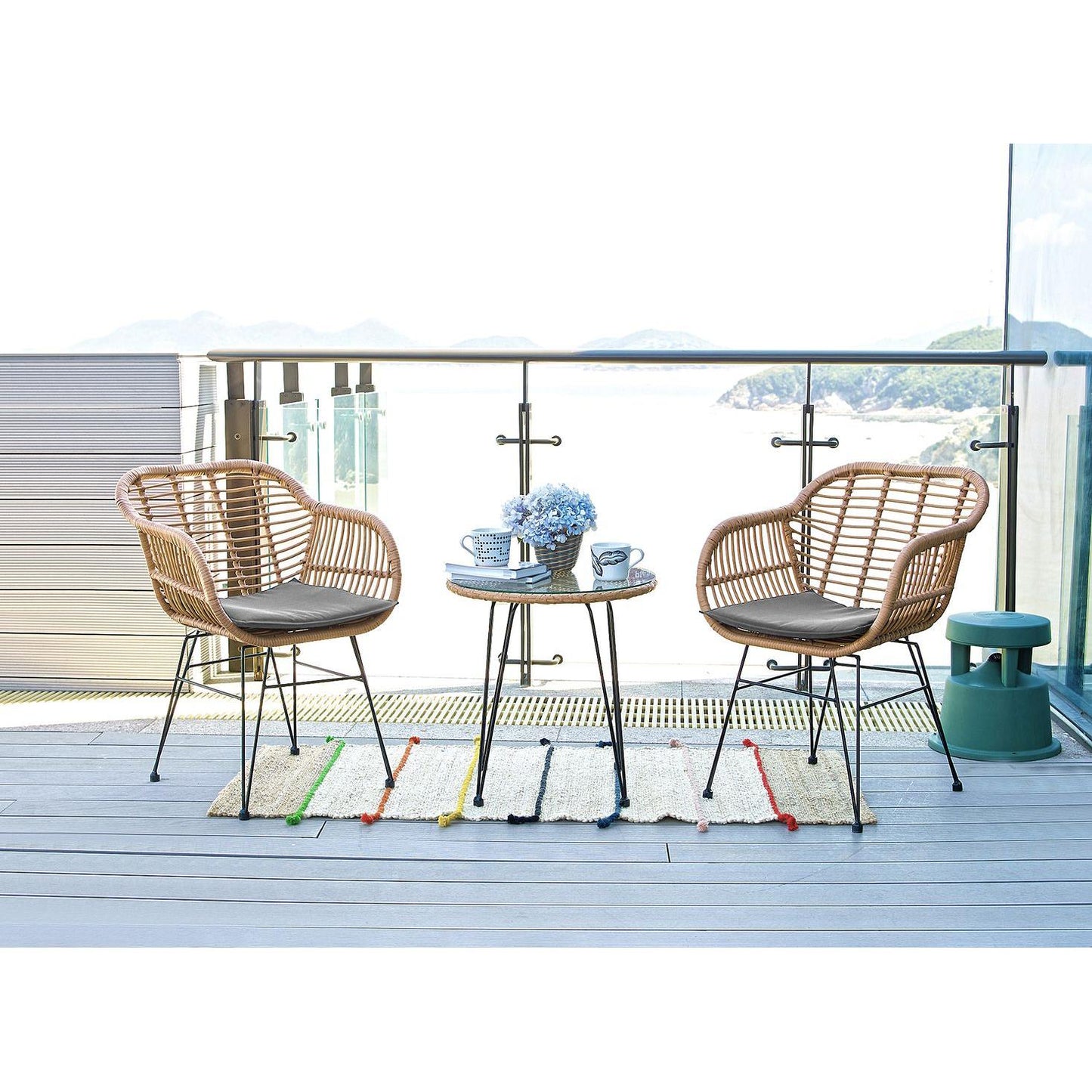 Manhattan Comfort Antibes 1.0 Steel Rattan 3-Piece Patio Conversation Set With Cushions In Gray