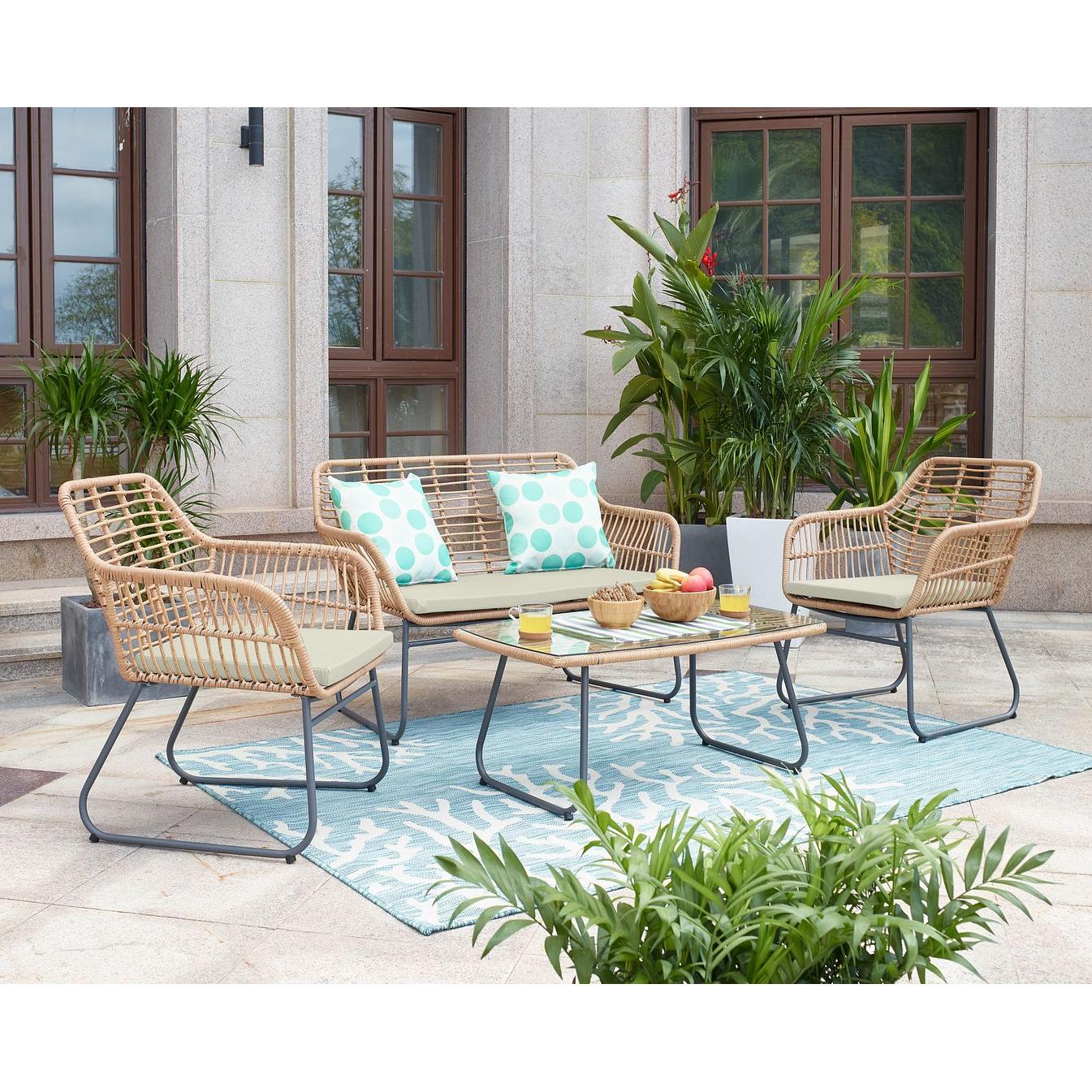 Manhattan Comfort Antibes 2.0 Steel Rattan 4-Piece Patio Conversation Set With Cushions In Cream