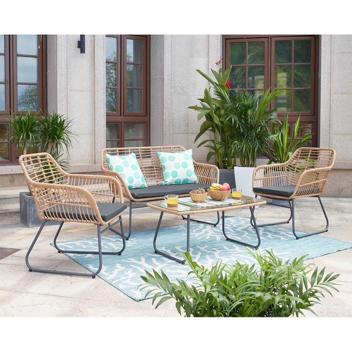 Manhattan Comfort Antibes 2.0 Steel Rattan 4-Piece Patio Conversation Set With Cushions In Gray