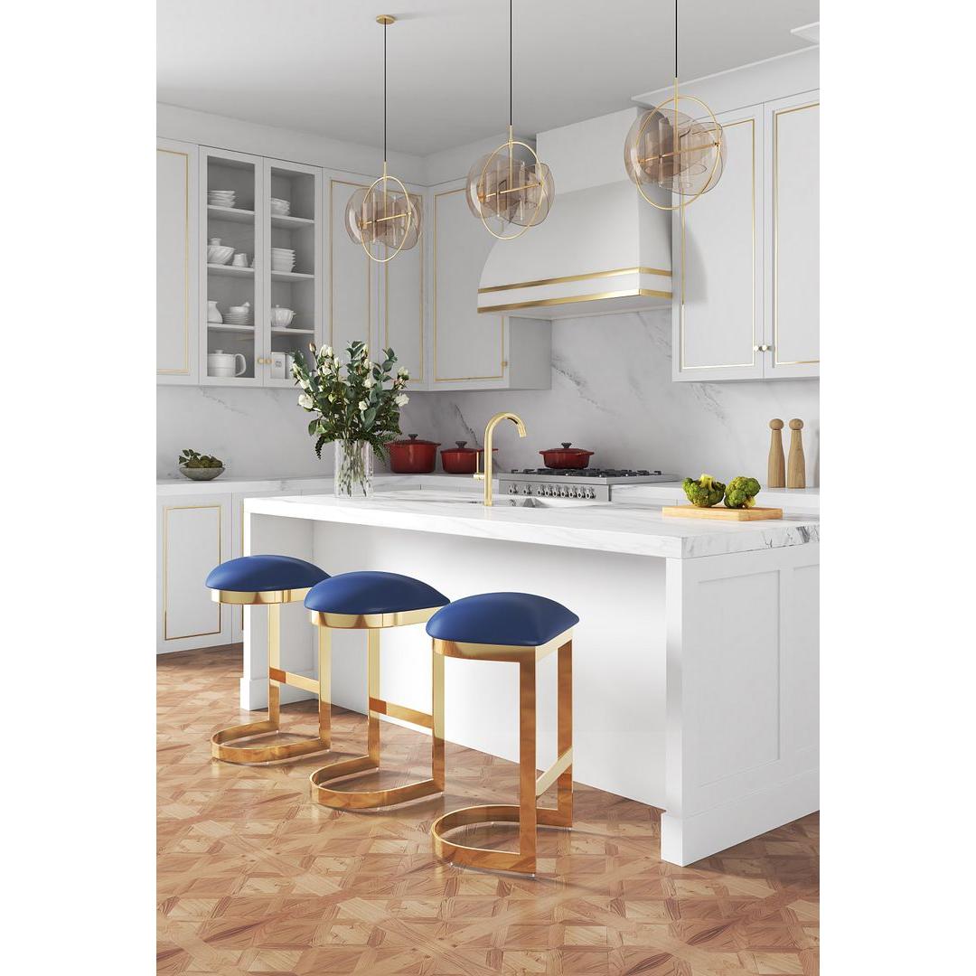 Manhattan Comfort Aura 29" Blue & Polished Brass Stainless Steel Bar Stool