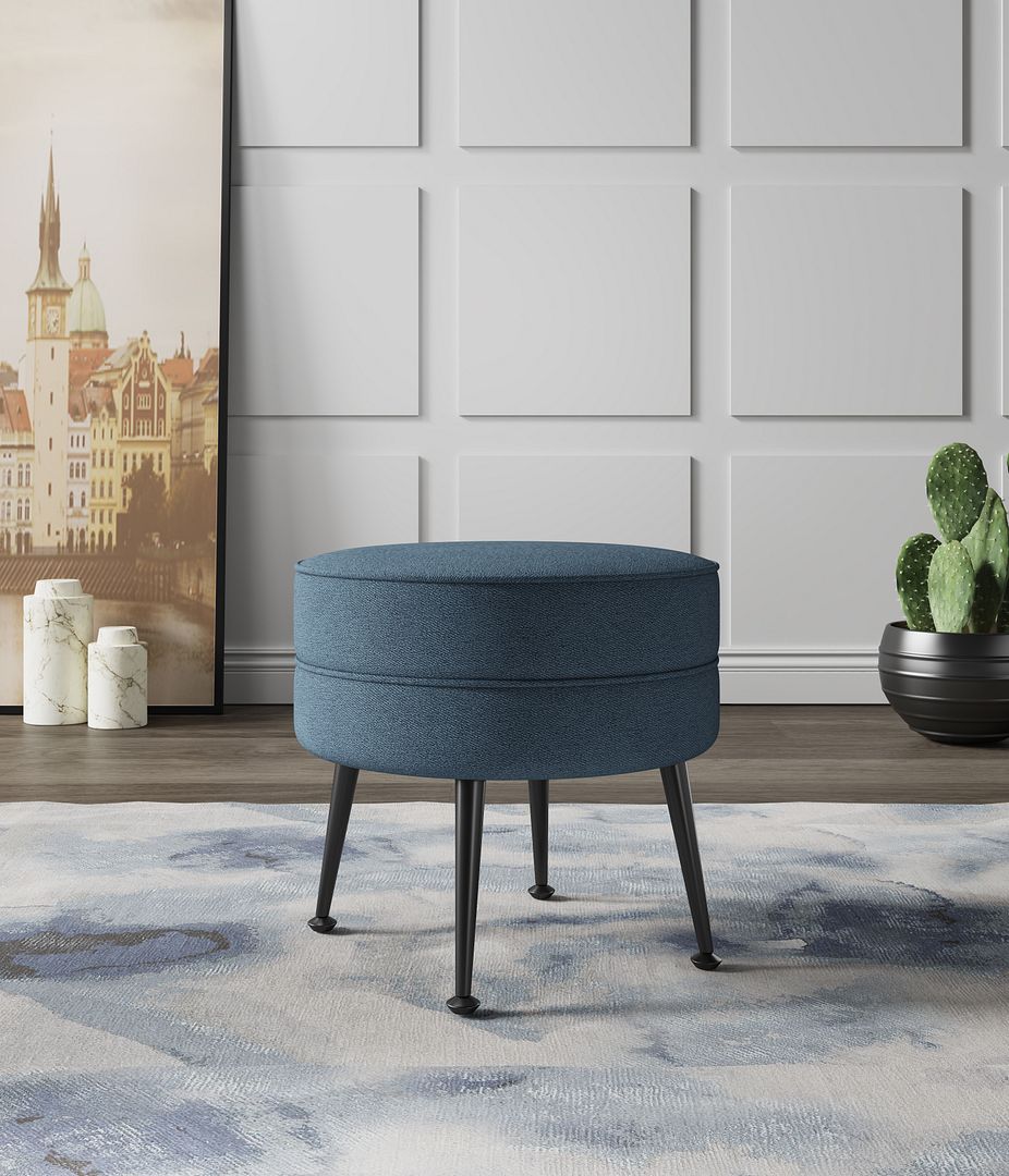 Manhattan Comfort Bailey Mid-Century Modern Woven Polyester Blend Upholstered Ottoman In Blue With Black Feet