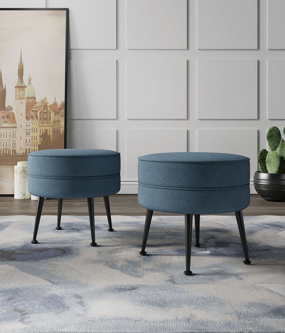 Manhattan Comfort Bailey Mid-Century Modern Woven Polyester Blend Upholstered Ottoman In Blue With Black Feet - Set Of 2