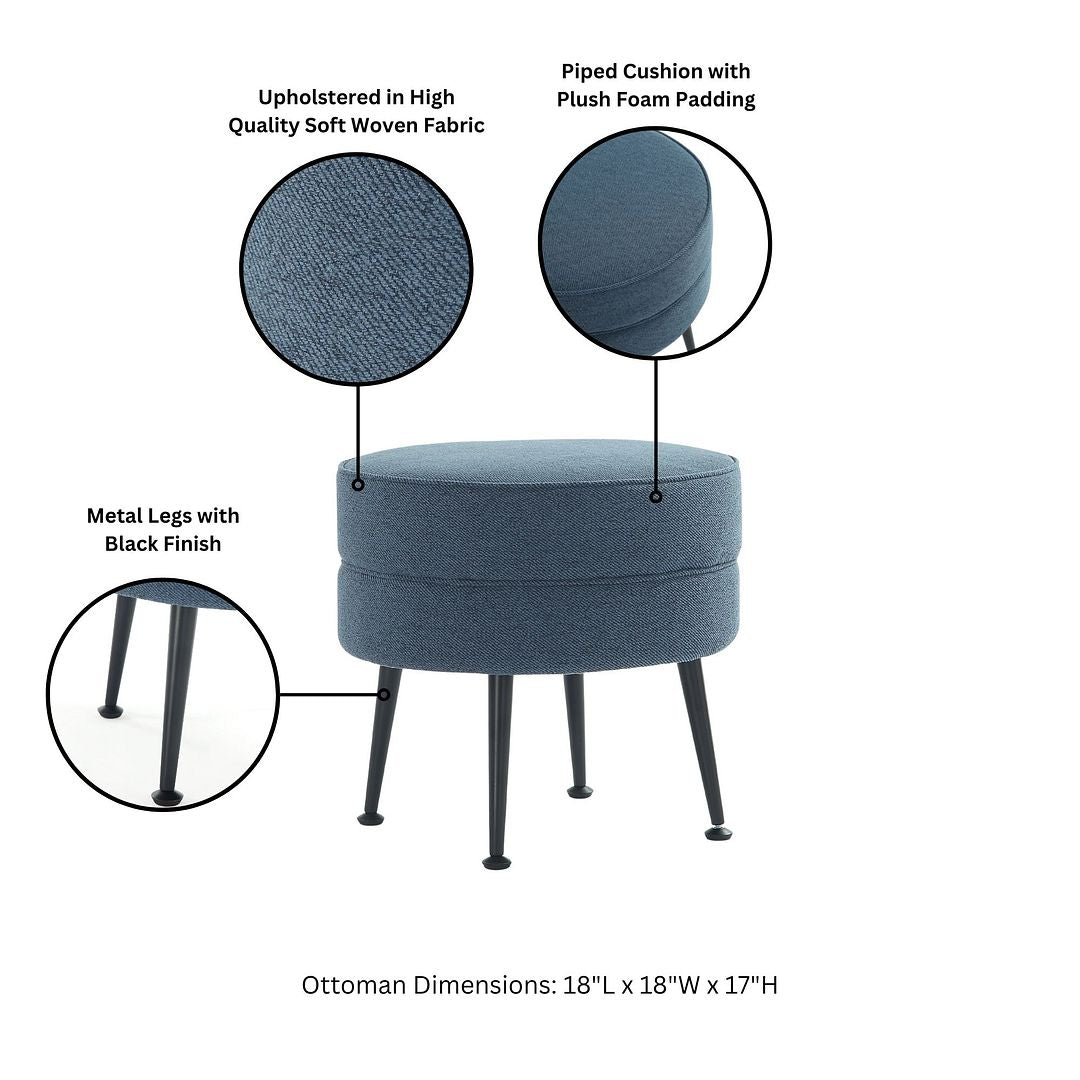 Manhattan Comfort Bailey Mid-Century Modern Woven Polyester Blend Upholstered Ottoman In Blue With Black Feet - Set Of 2