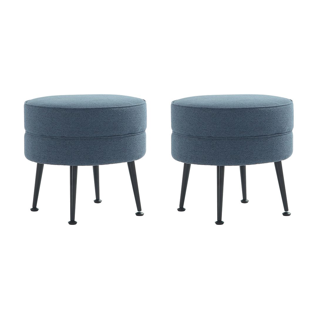 Manhattan Comfort Bailey Mid-Century Modern Woven Polyester Blend Upholstered Ottoman In Blue With Black Feet - Set Of 2