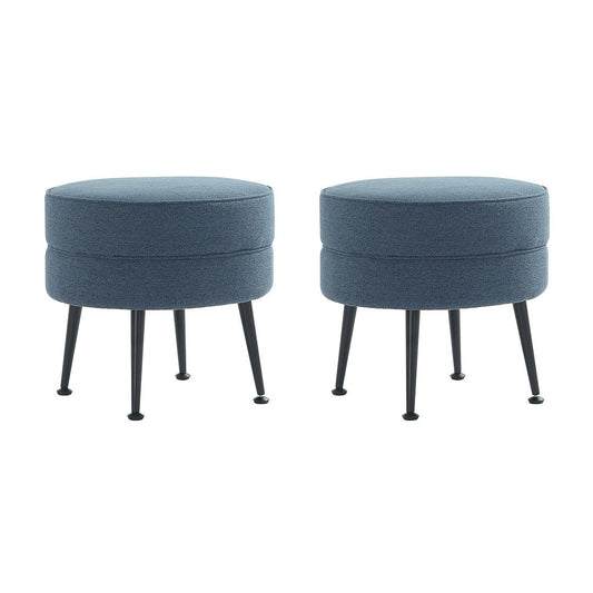 Manhattan Comfort Bailey Mid-Century Modern Woven Polyester Blend Upholstered Ottoman In Blue With Black Feet - Set Of 2
