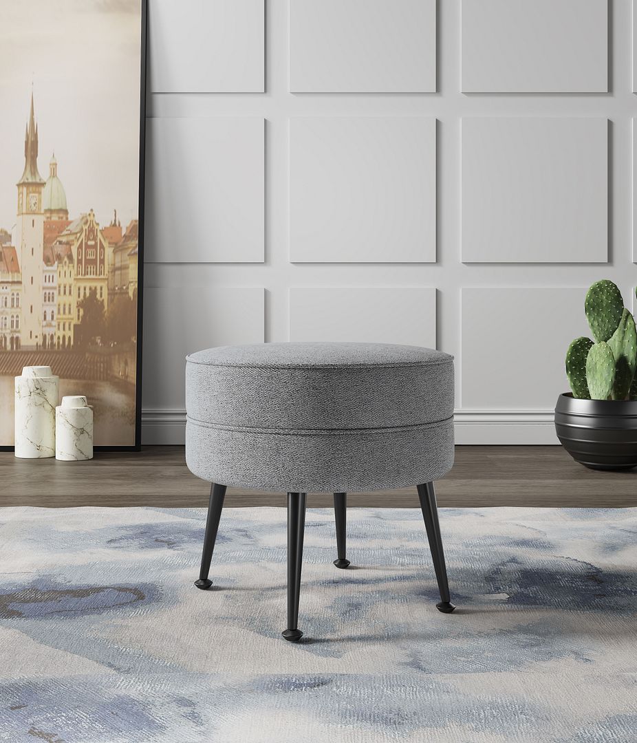Manhattan Comfort Bailey Mid-Century Modern Woven Polyester Blend Upholstered Ottoman In Grey With Black Feet