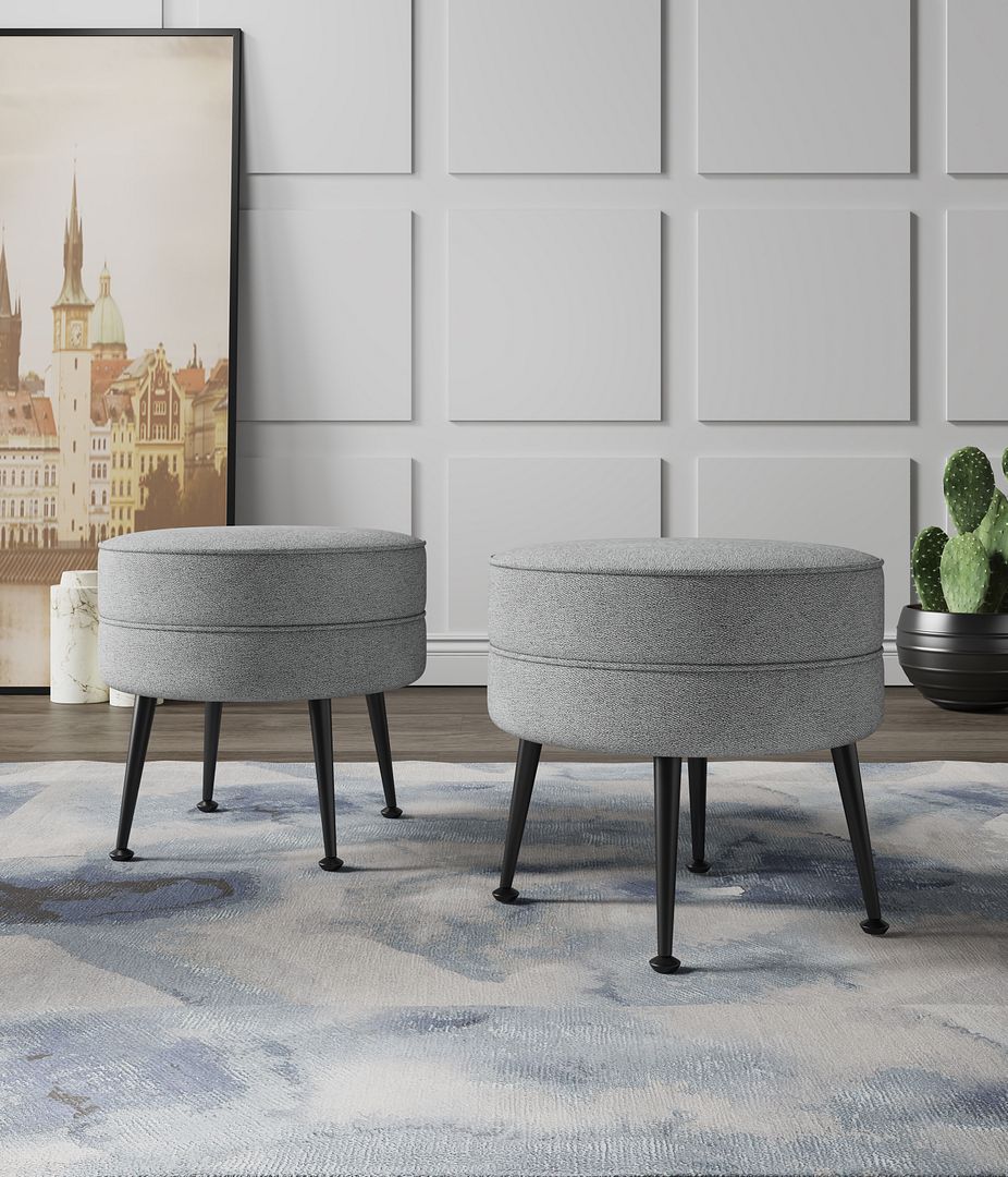 Manhattan Comfort Bailey Mid-Century Modern Woven Polyester Blend Upholstered Ottoman In Grey With Black Feet -Set Of 2