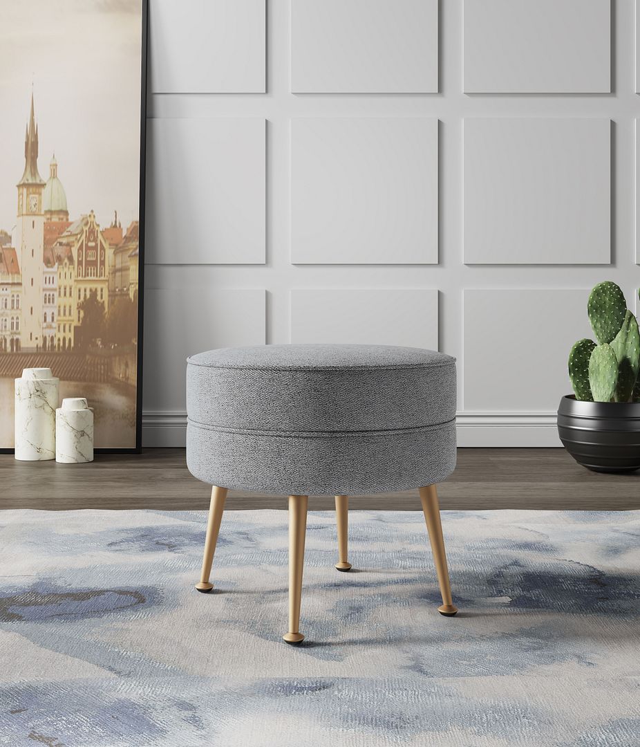 Manhattan Comfort Bailey Mid-Century Modern Woven Polyester Blend Upholstered Ottoman In Grey With Gold Feet