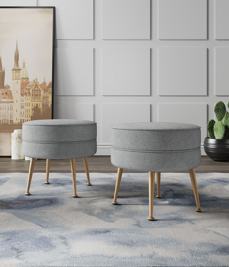 Manhattan Comfort Bailey Mid-Century Modern Woven Polyester Blend Upholstered Ottoman In Grey With Gold Feet - Set Of 2