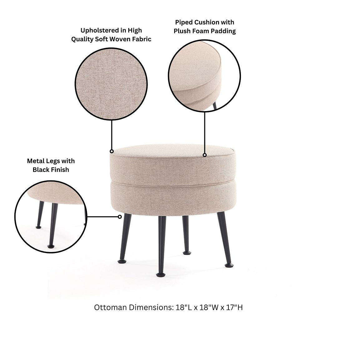 Manhattan Comfort Bailey Mid-Century Modern Woven Polyester Blend Upholstered Ottoman In Oatmeal With Black Feet