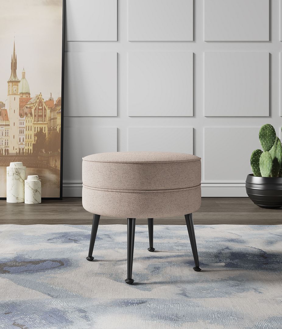 Manhattan Comfort Bailey Mid-Century Modern Woven Polyester Blend Upholstered Ottoman In Oatmeal With Black Feet