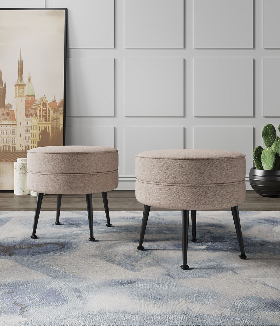Manhattan Comfort Bailey Mid-Century Modern Woven Polyester Blend Upholstered Ottoman In Oatmeal With Black Feet - Set Of 2