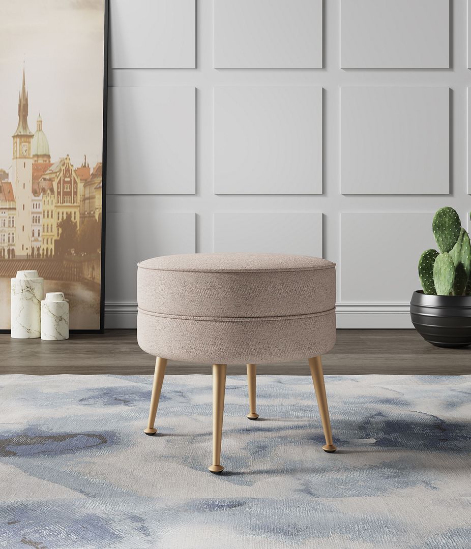 Manhattan Comfort Bailey Mid-Century Modern Woven Polyester Blend Upholstered Ottoman In Oatmeal With Gold Feet