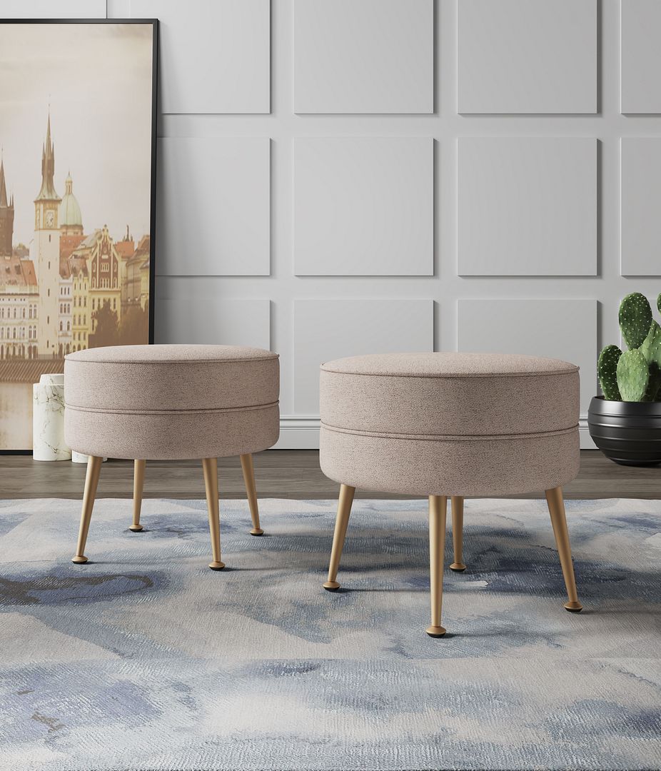 Manhattan Comfort Bailey Mid-Century Modern Woven Polyester Blend Upholstered Ottoman In Oatmeal With Gold Feet - Set Of 2