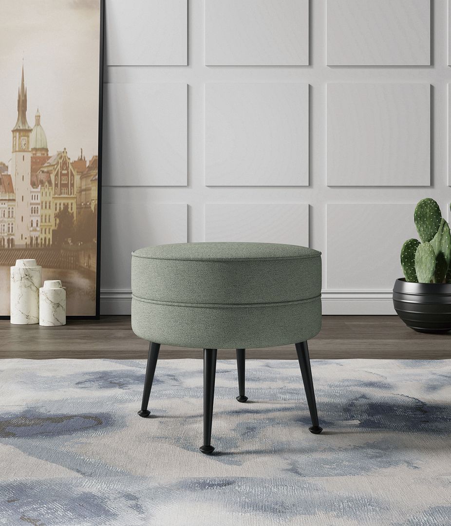 Manhattan Comfort Bailey Mid-Century Modern Woven Polyester Blend Upholstered Ottoman In Sage Green With Black Feet