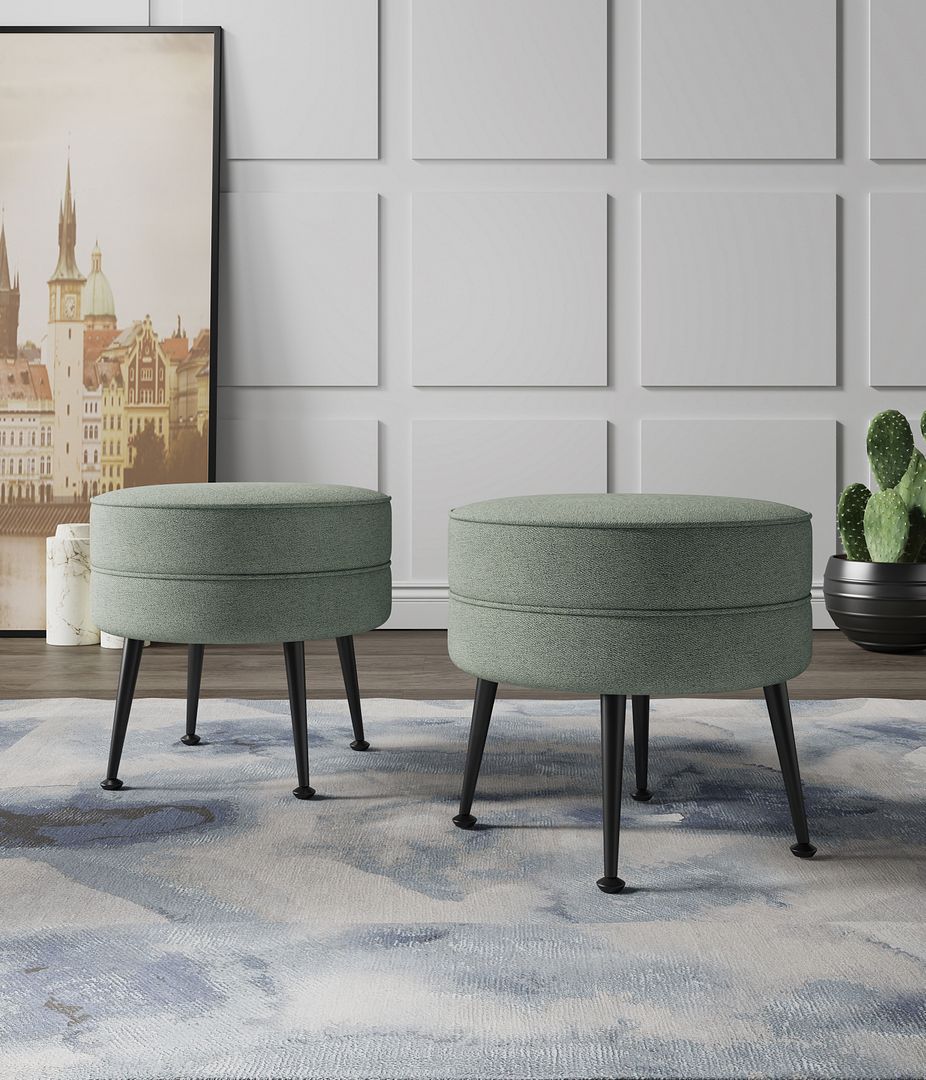 Manhattan Comfort Bailey Mid-Century Modern Woven Polyester Blend Upholstered Ottoman In Sage Green With Black Feet - Set Of 2