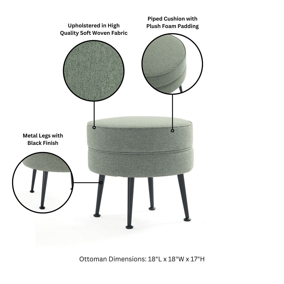 Manhattan Comfort Bailey Mid-Century Modern Woven Polyester Blend Upholstered Ottoman In Sage Green With Black Feet - Set Of 2