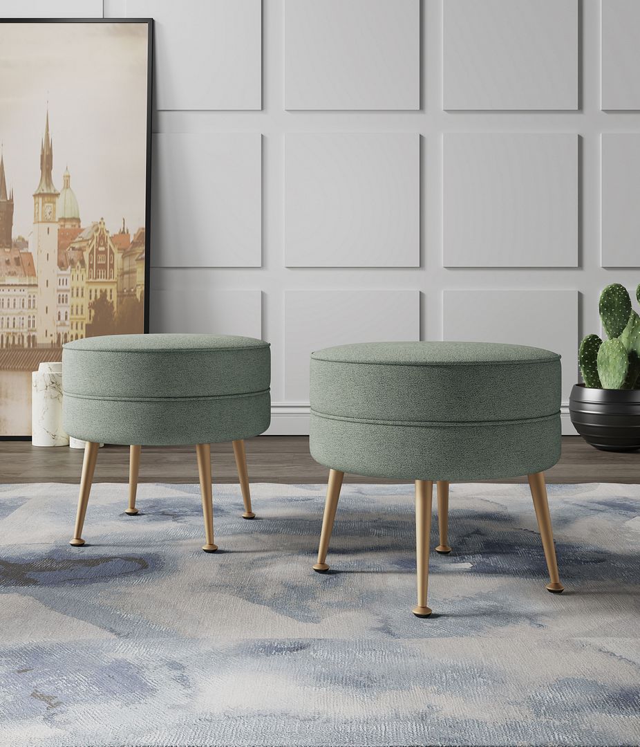 Manhattan Comfort Bailey Mid-Century Modern Woven Polyester Blend Upholstered Ottoman In Sage Green With Gold Feet - Set Of 2