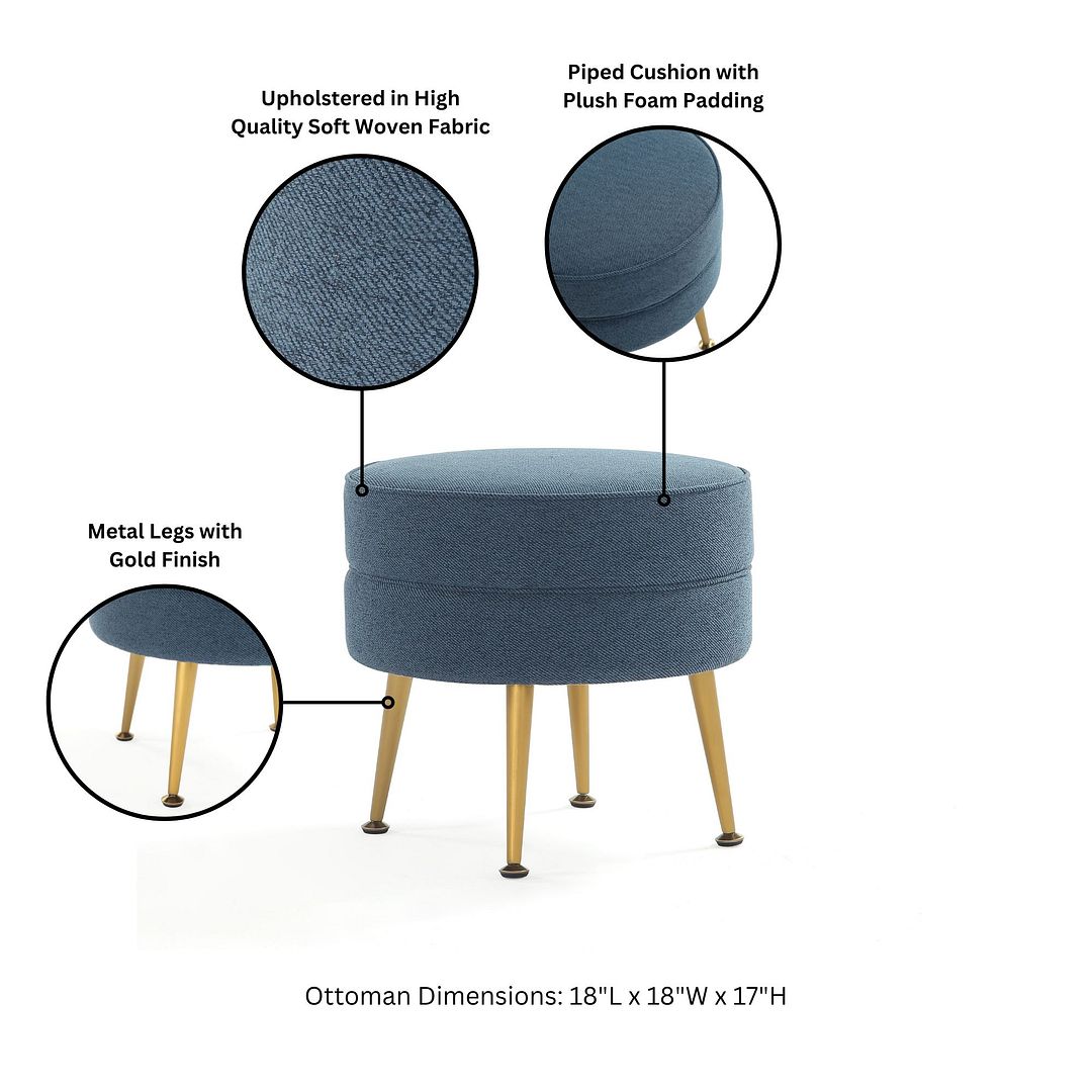 Manhattan Comfort Bailey Mid-Century Modern Woven Polyester Blend Upholstered Ottoman in Blue With Gold Feet