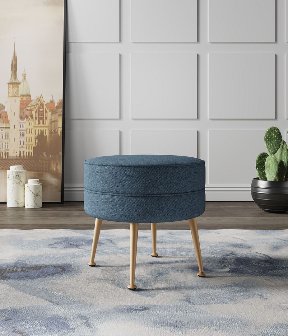 Manhattan Comfort Bailey Mid-Century Modern Woven Polyester Blend Upholstered Ottoman in Blue With Gold Feet