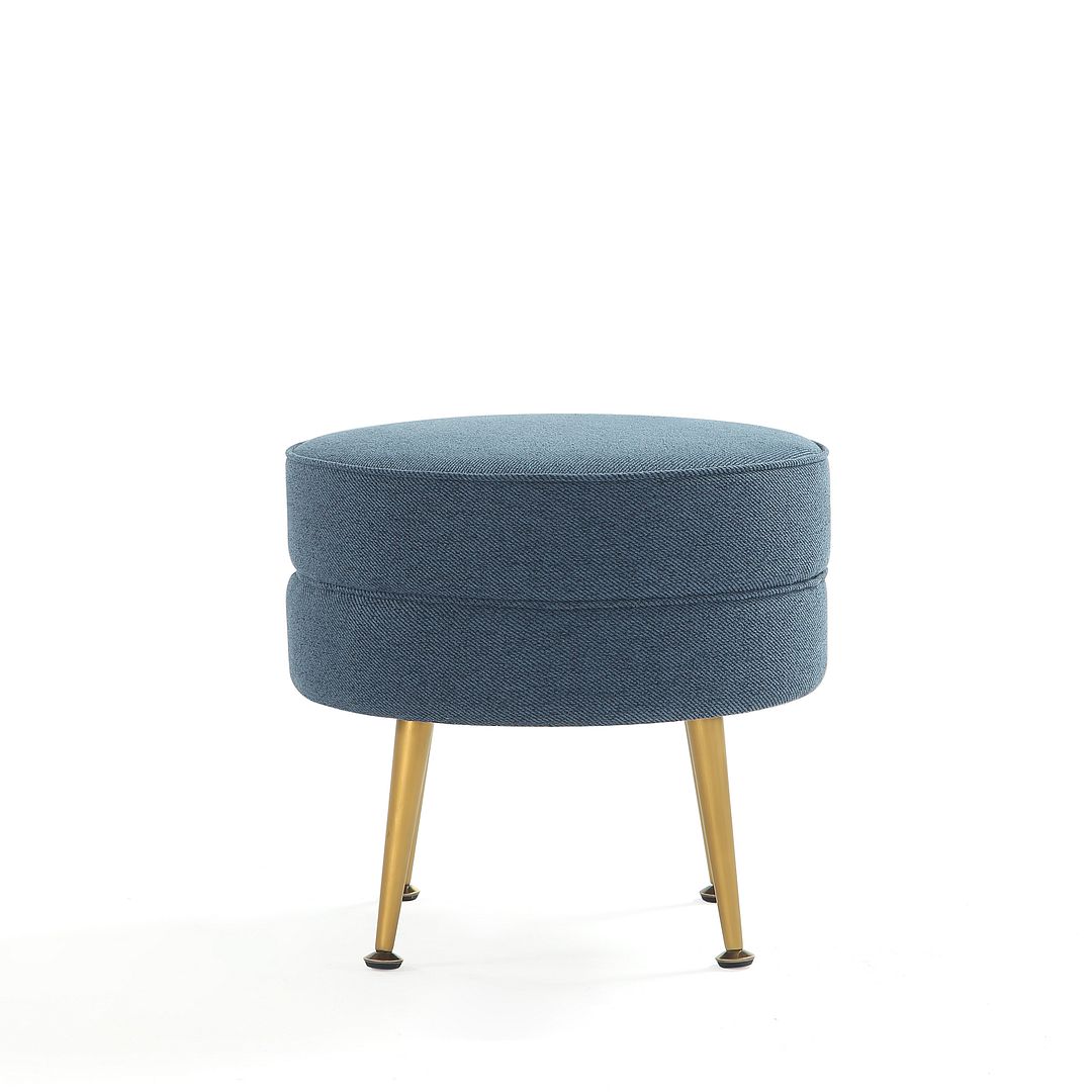 Manhattan Comfort Bailey Mid-Century Modern Woven Polyester Blend Upholstered Ottoman in Blue With Gold Feet