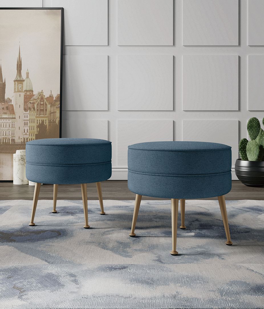 Manhattan Comfort Bailey Mid-Century Modern Woven Polyester Blend Upholstered Ottoman in Blue With Gold Feet - Set Of 2