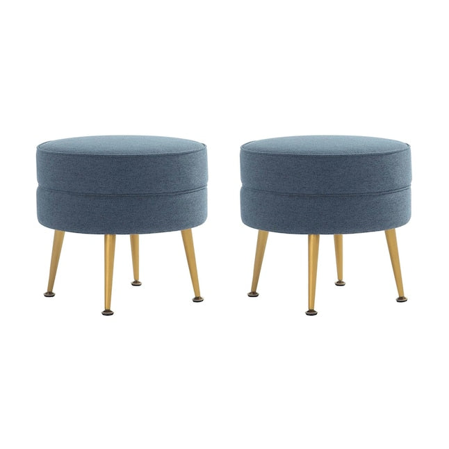 Manhattan Comfort Bailey Mid-Century Modern Woven Polyester Blend Upholstered Ottoman in Blue With Gold Feet - Set Of 2