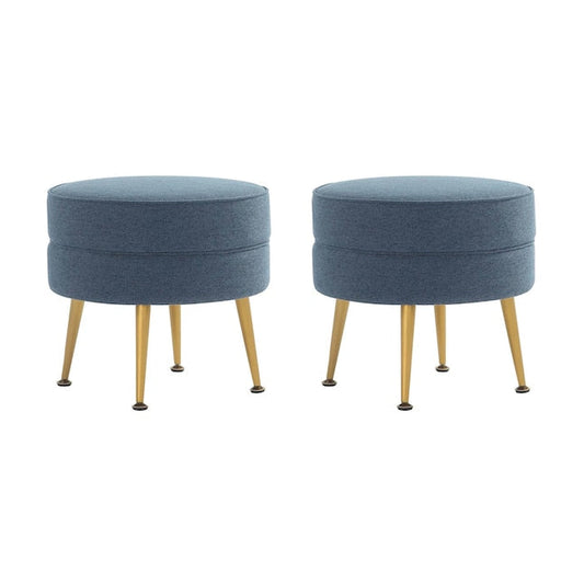Manhattan Comfort Bailey Mid-Century Modern Woven Polyester Blend Upholstered Ottoman in Blue With Gold Feet - Set Of 2
