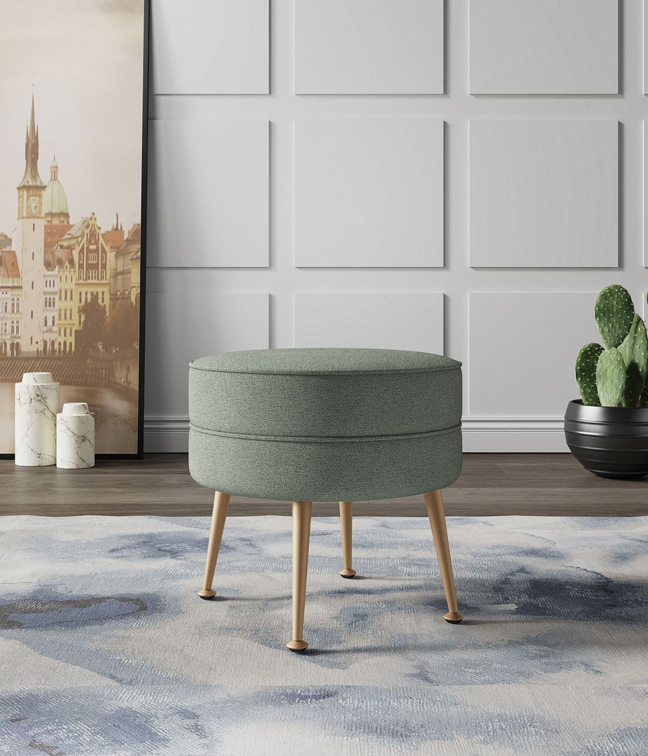 Manhattan Comfort Bailey Mid-Century Modern Woven Polyester Blend Upholstered Ottoman in Sage Green with Gold Feet