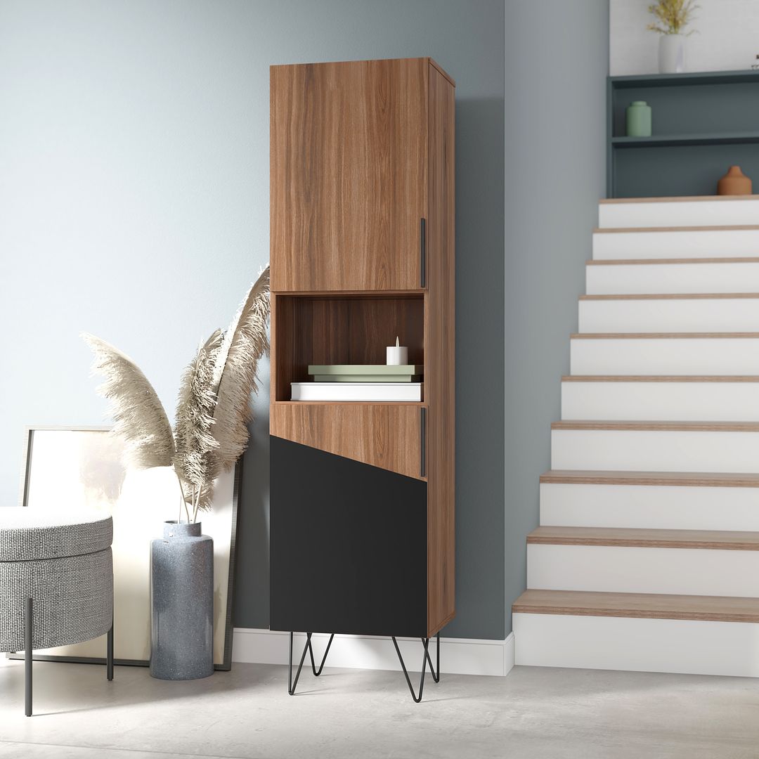 Manhattan Comfort Beekman 18" Narrow Bookcase Cabinet With 5 Shelves In Brown & Black