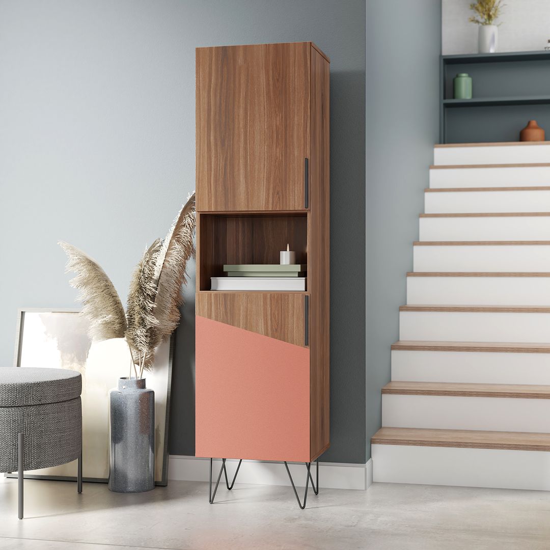 Manhattan Comfort Beekman 18" Narrow Bookcase Cabinet With 5 Shelves In Brown & Pink