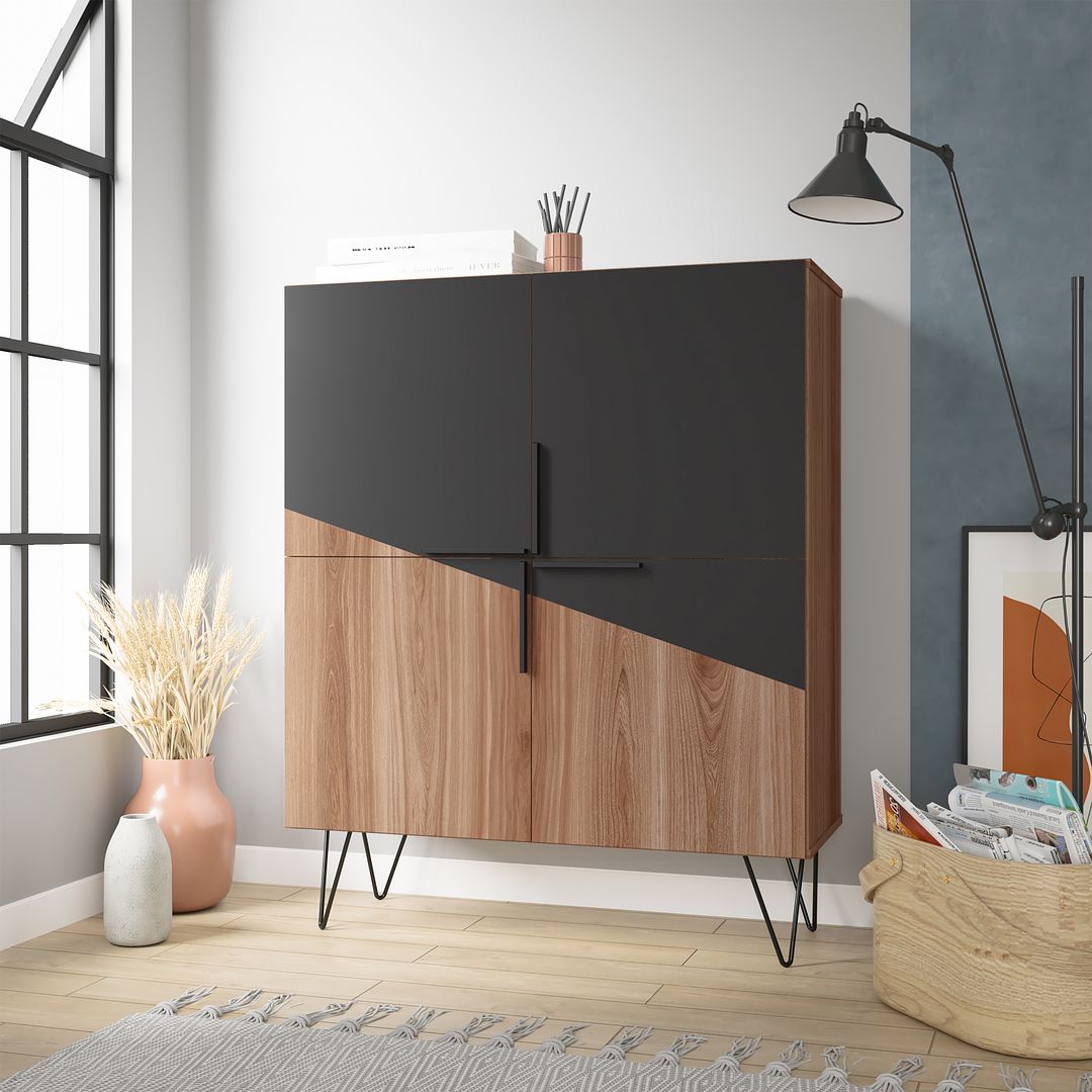 Manhattan Comfort Beekman 44" Low Cabinet With 4 Shelves In Brown & Black