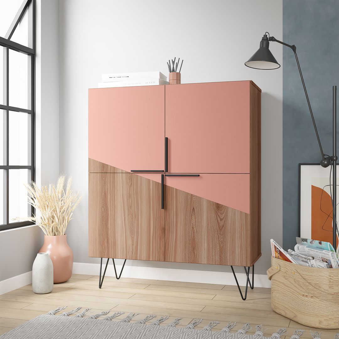 Manhattan Comfort Beekman 44" Low Cabinet With 4 Shelves In Brown & Pink