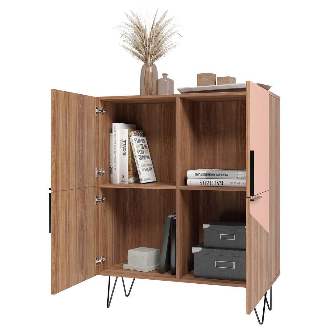 Manhattan Comfort Beekman 44" Low Cabinet With 4 Shelves In Brown & Pink