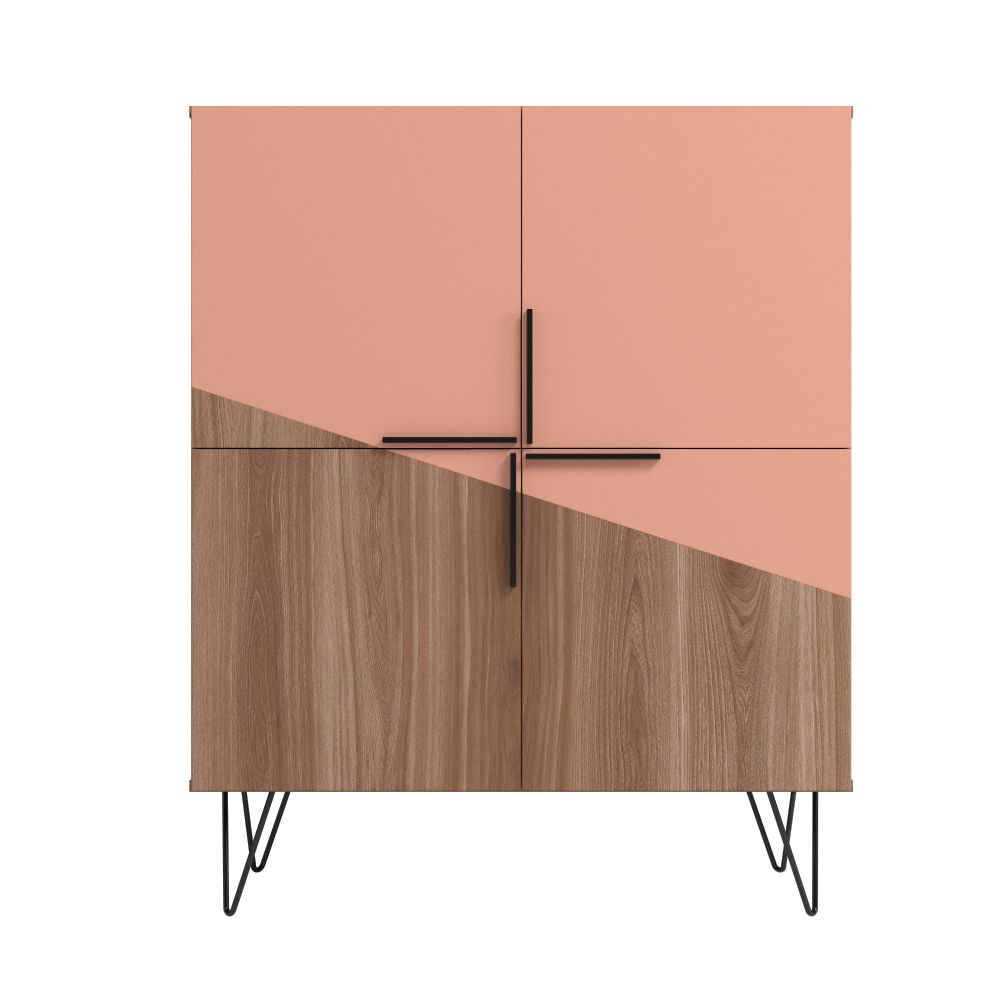 Manhattan Comfort Beekman 44" Low Cabinet With 4 Shelves In Brown & Pink