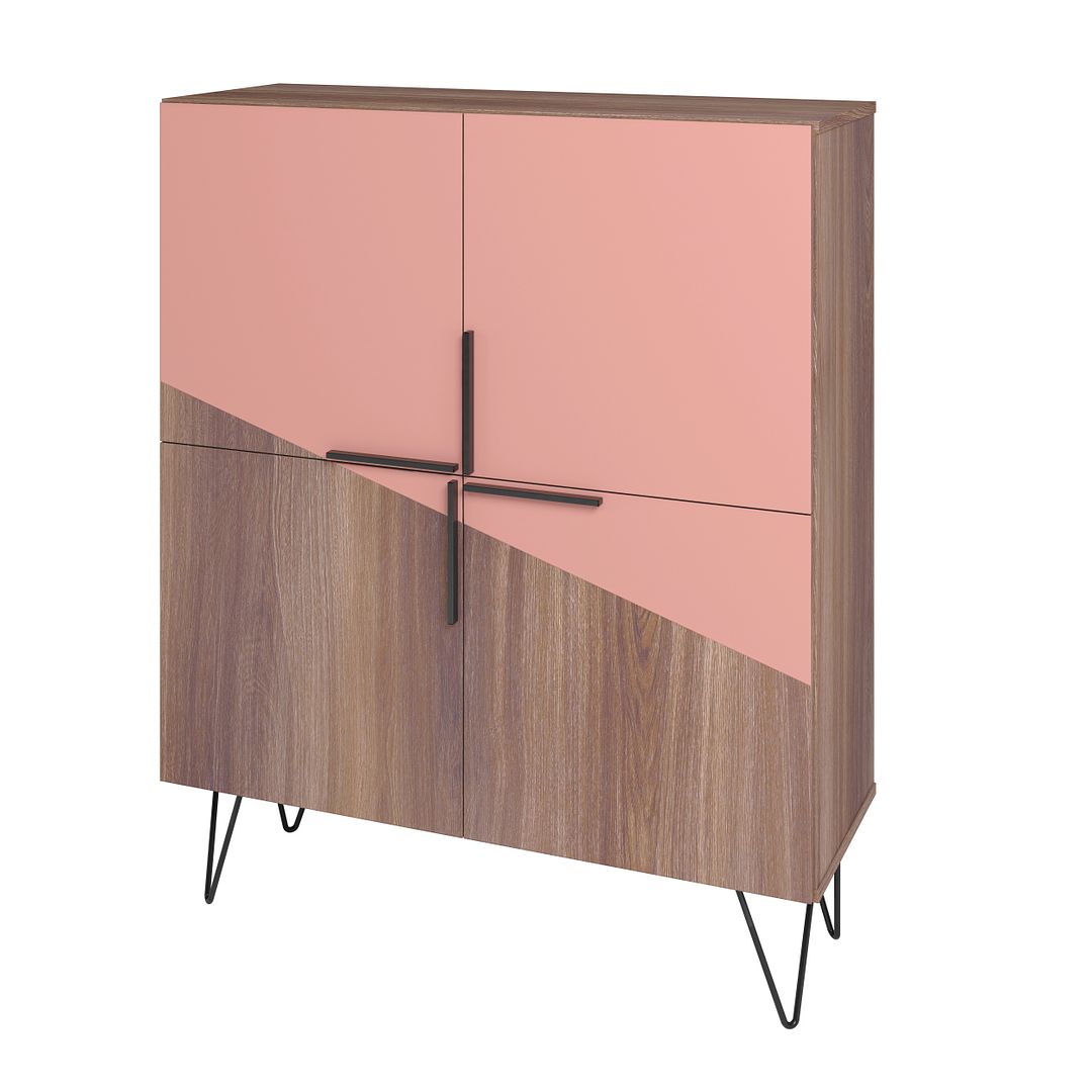 Manhattan Comfort Beekman 44" Low Cabinet With 4 Shelves In Brown & Pink