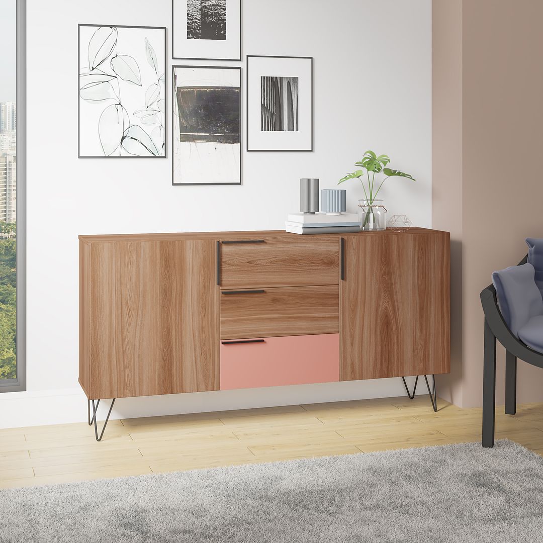 Manhattan Comfort Beekman 63" Sideboard With 4 Shelves In Brown & Pink