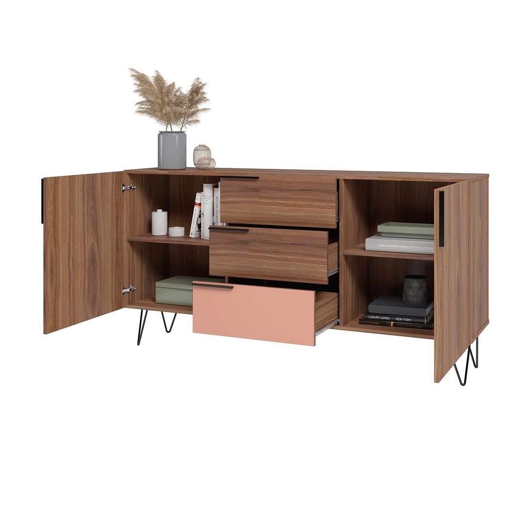 Manhattan Comfort Beekman 63" Sideboard With 4 Shelves In Brown & Pink
