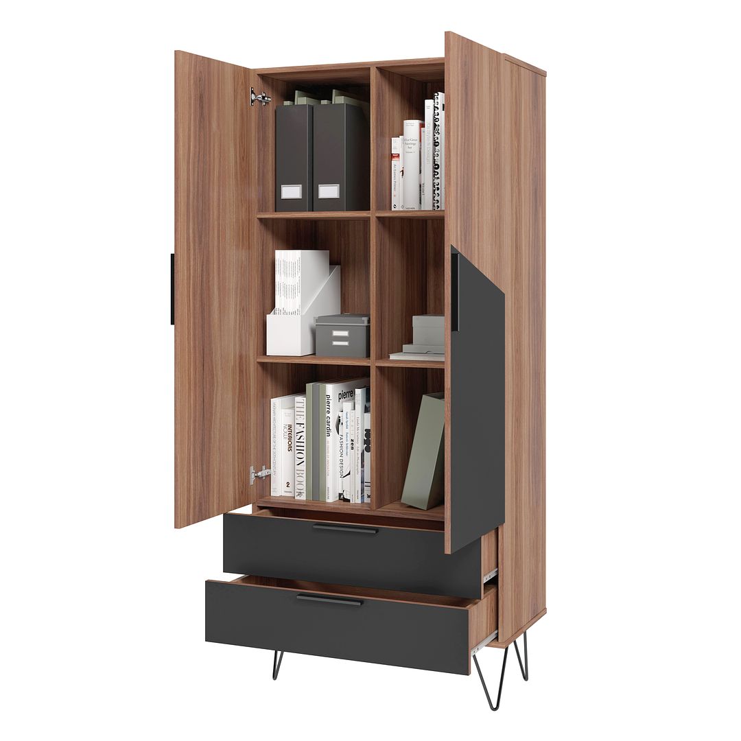 Manhattan Comfort Beekman 67" Tall Cabinet With 6 Shelves In Brown & Black