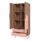 Manhattan Comfort Beekman 67" Tall Cabinet With 6 Shelves In Brown & Pink