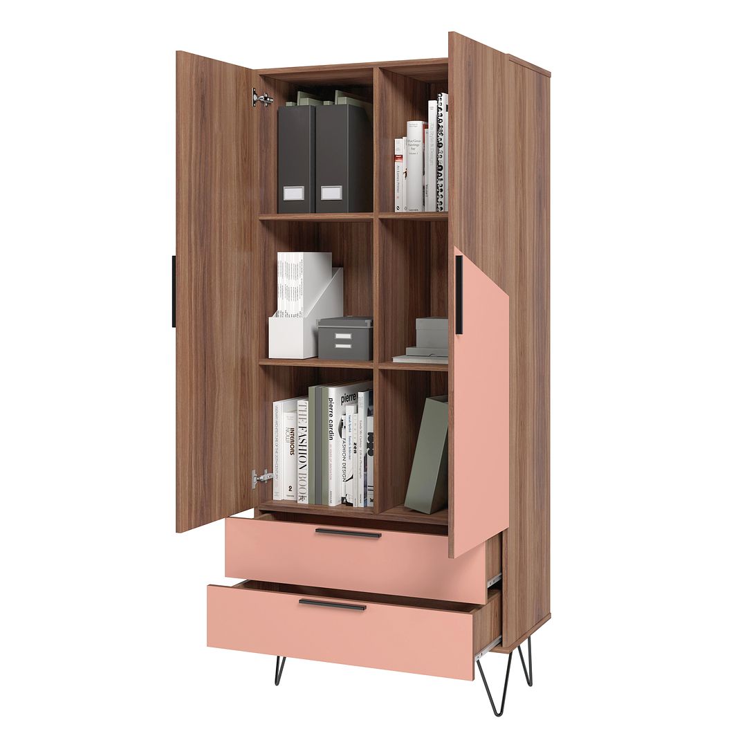 Manhattan Comfort Beekman 67" Tall Cabinet With 6 Shelves In Brown & Pink
