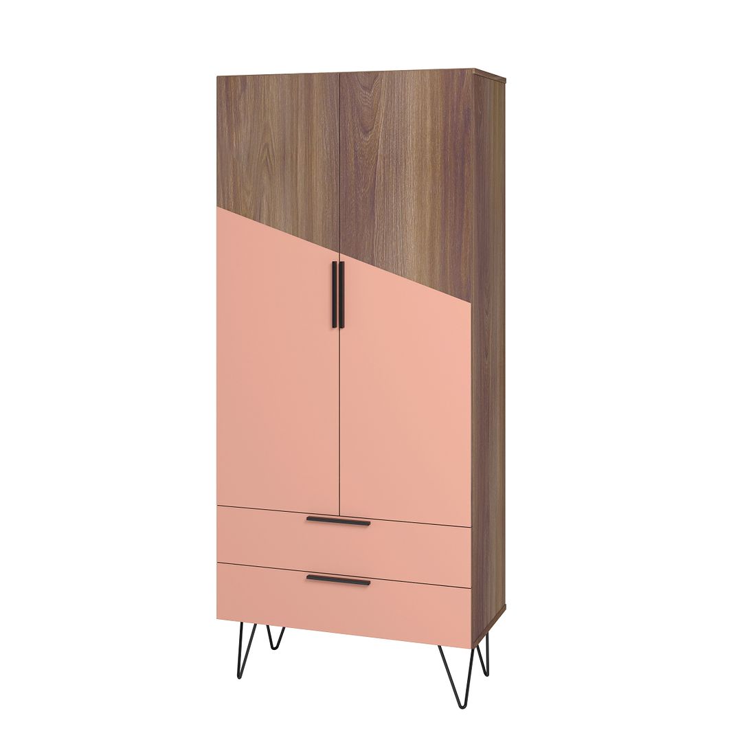 Manhattan Comfort Beekman 67" Tall Cabinet With 6 Shelves In Brown & Pink