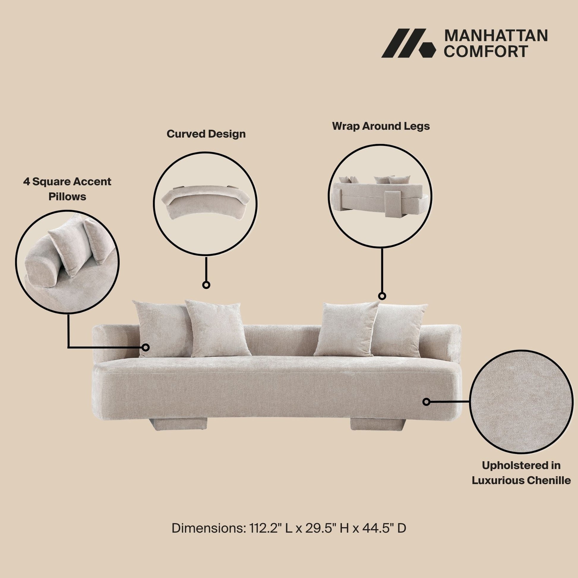Manhattan Comfort Beige Modern Verandah Chenille 112" XL Sofa